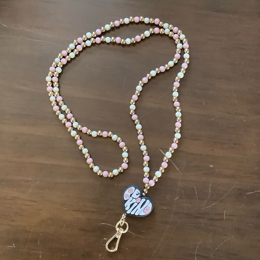 Beaded Pink & Cream Lanyard Necklace with 'Be Kind' Heart Charm